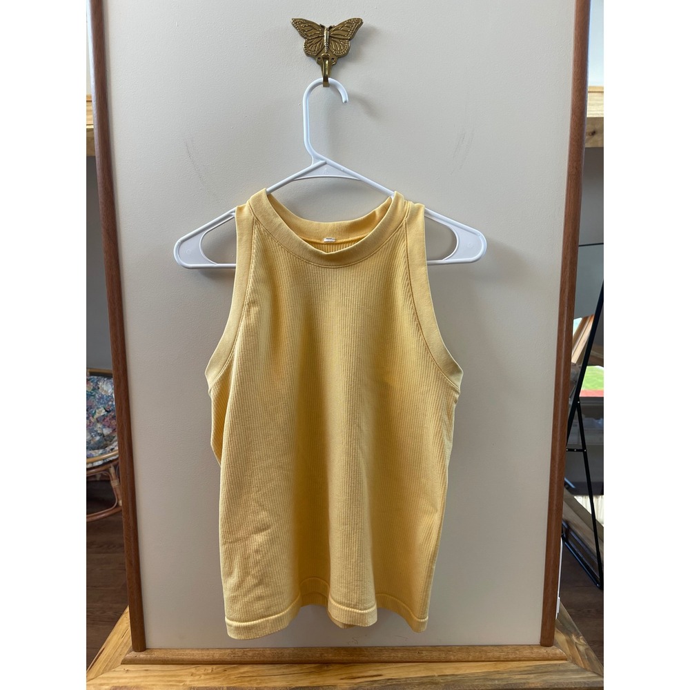 Yellow Ribbed Knit Racerback Tank Top High Neck Sleeveless Slim Fit Shirt